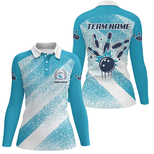 Personalized vintage retro Bowling Polo Shirts For Women custom bowling team League jerseys | Blue NQS6904