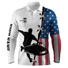 Load image into Gallery viewer, Mens disc golf polo shirt American flag custom name disc golf team shirt, disc golf gifts NQS4615