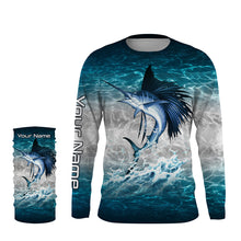 Load image into Gallery viewer, Sailfish fishing blue sea water camo Custom Name performance long sleeve fishing shirts uv protection NQS3663