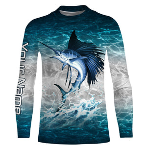 Sailfish fishing blue sea water camo Custom Name performance long sleeve fishing shirts uv protection NQS3663