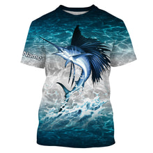 Load image into Gallery viewer, Sailfish fishing blue sea water camo Custom Name performance long sleeve fishing shirts uv protection NQS3663