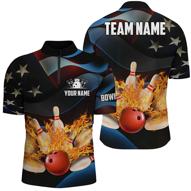 American flag black flame Bowling Quarter Zip Shirts For men Custom Patriotic Bowling League Jerseys NQS6715