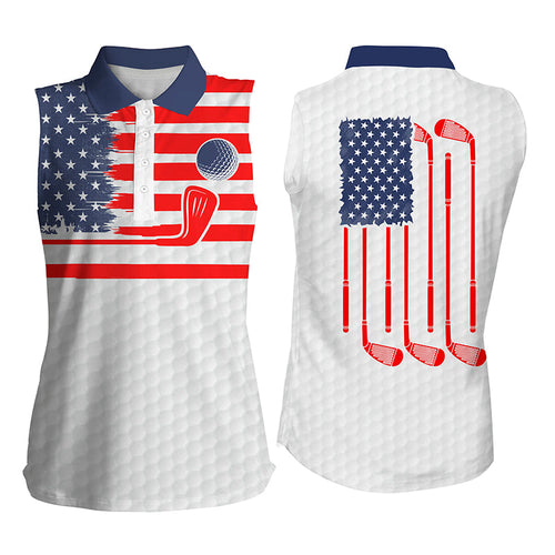 American flag patriotic womens sleeveless polo shirt white golf polo shirt, unique golf gifts NQS4429
