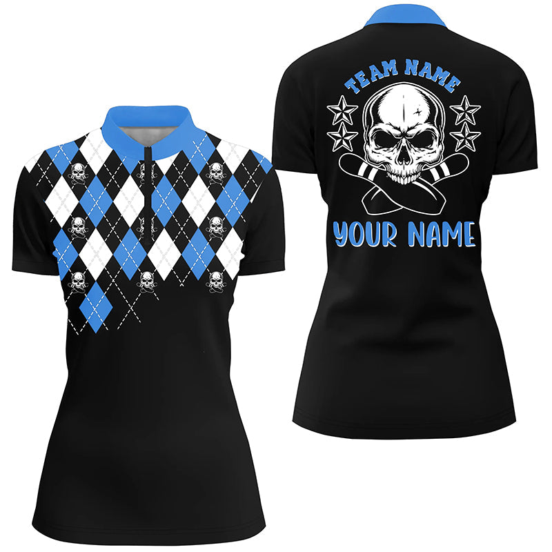 Black blue argyle pattern bowling skull custom bowling Quarter Zip shirts for women, bowling jerseys NQS6917