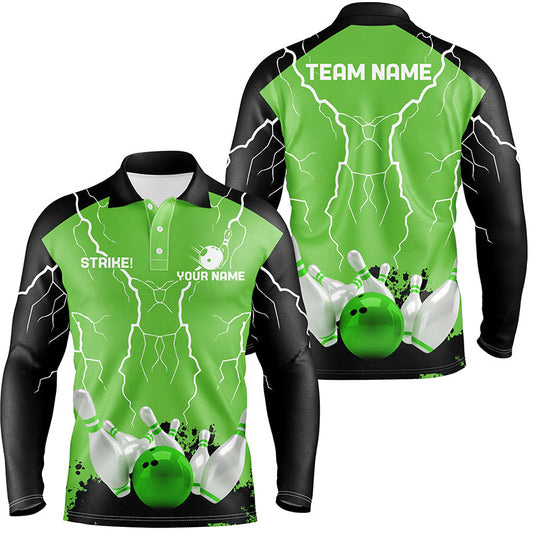 Mens polo bowling shirt Custom bowling strike lightning storm thunder team league jersey | Green NQS7083