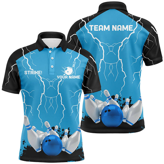Mens polo bowling shirt Custom bowling strike lightning storm thunder team league jerseys | Blue NQS7084