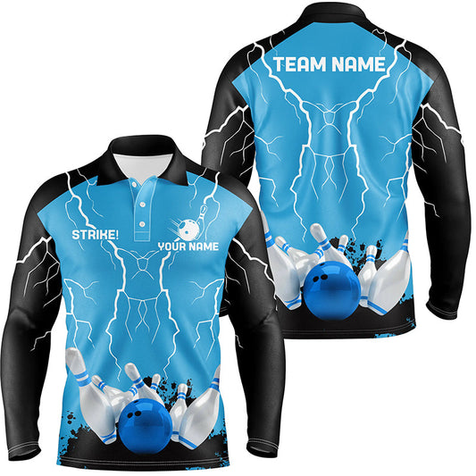 Mens polo bowling shirt Custom bowling strike lightning storm thunder team league jerseys | Blue NQS7084