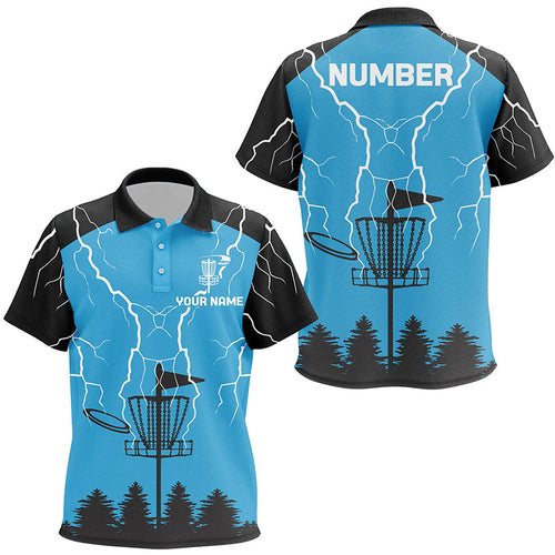 Kid disc golf polo shirt blue lightning storm custom disc golf shirt, disc golf gifts NQS7085