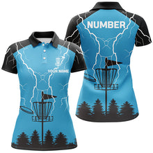 Load image into Gallery viewer, Womens disc golf polo shirt blue lightning storm custom name disc golf shirt, disc golf gifts NQS7085