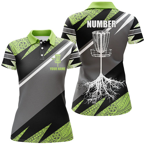 Green tribal black Womens disc golf polo shirt custom name, number disc golf jersey, disco golf outfit NQS6249