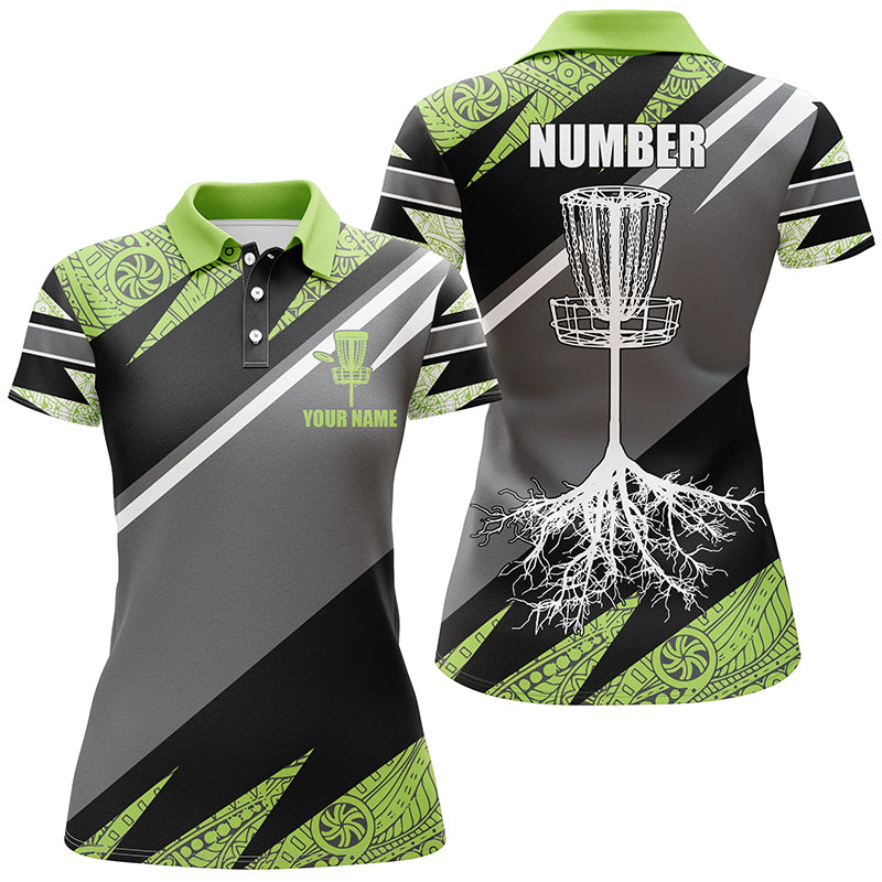Green tribal black Womens disc golf polo shirt custom name, number disc golf jersey, disco golf outfit NQS6249
