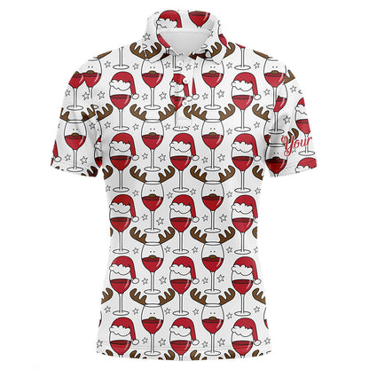 Mens golf polo shirt custom Christmas Wine glass in reindeer antler santa hat, gift for golf lovers NQS6723