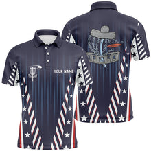 Load image into Gallery viewer, Mens disc golf polo shirts custom red white and blue stars disc golf basket team disco golf outfit NQS6267