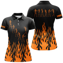 Load image into Gallery viewer, Orange flame golf skeleton custom black Women golf polo shirt, Halloween golf attire for women NQS6273