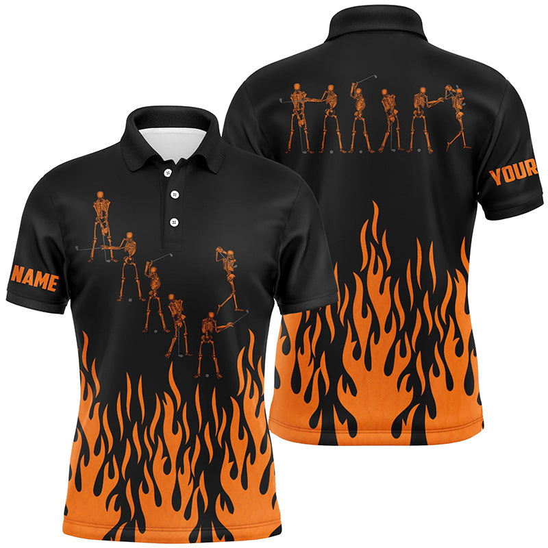 Orange flame golf skeleton custom black Mens golf polo shirts, Halloween black mens golf shirt NQS6273