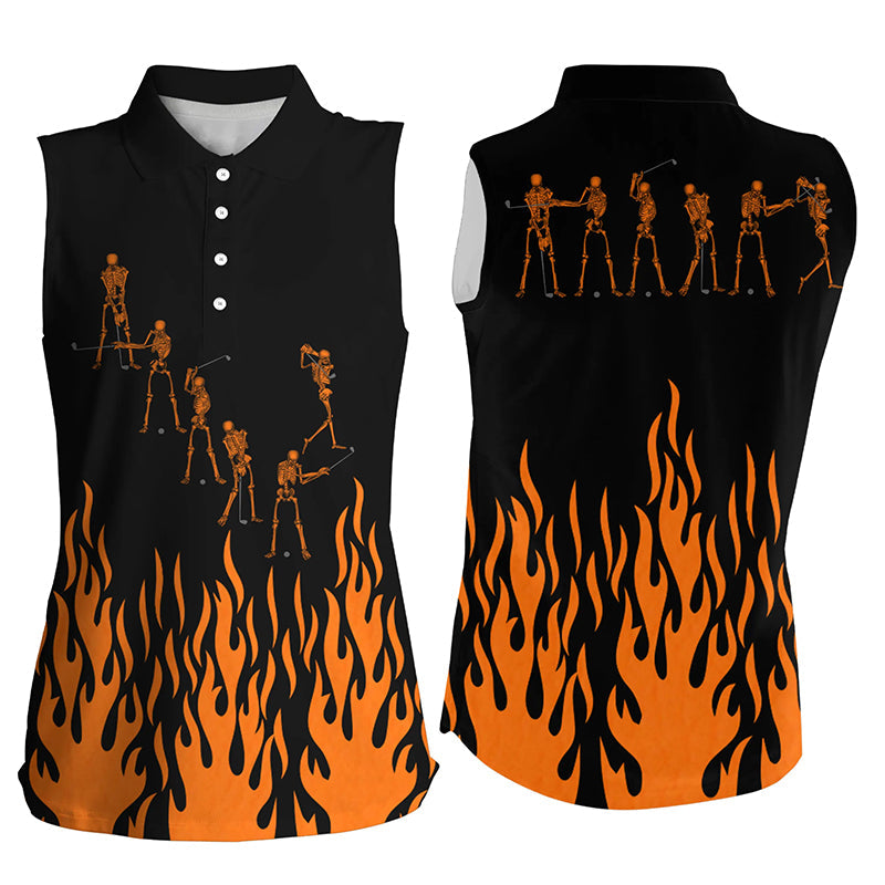 Orange flame golf skeleton black Women sleeveless polo shirt, Halloween ladies golf sleeveless tops NQS6273