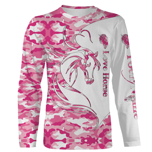 Love Horse tattoo pink camo Customize Name 3D All Over Printed Shirts Personalized gift for horse lovers NQS2434