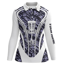 Load image into Gallery viewer, Womens golf polos shirts custom purple camo disc golf basket jersey, disc golf apparel NQS7225