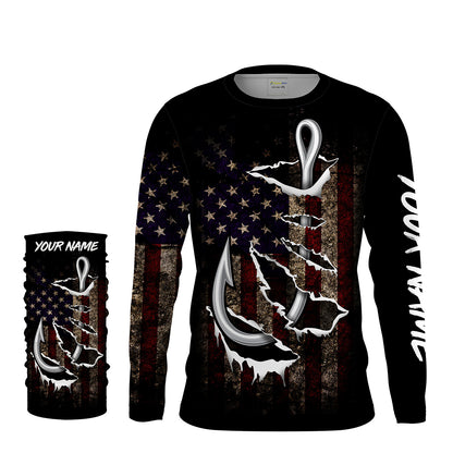 US Fishing 3D Fish Hook American Flag patriotic UV protection customize name long sleeves shirts UPF 30+ fishing apparel NQS2161