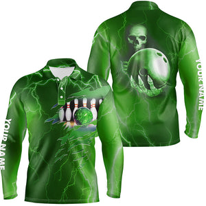 Personalized bowling polo shirt for men green lightning thunder Custom name Team skull bowling Jerseys NQS6493