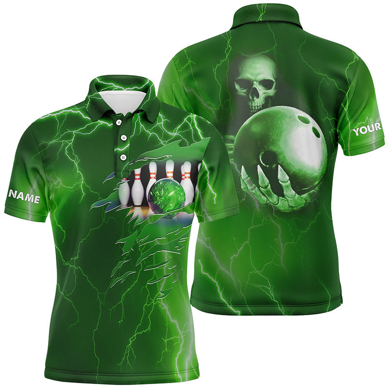 Personalized bowling polo shirt for men green lightning thunder Custom name Team skull bowling Jerseys NQS6493