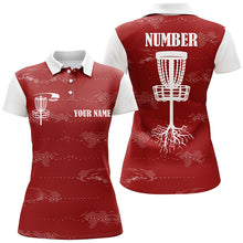 Load image into Gallery viewer, Red and white Womens disc golf polo shirt custom disc golf basket, personalized disc golf gifts NQS6758