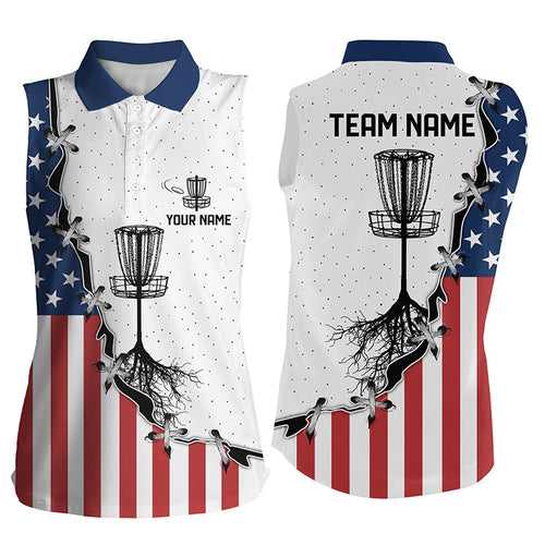 Red, white and blue American flag Women sleeveless polo shirt custom disc basket disc golf shirt NQS6765