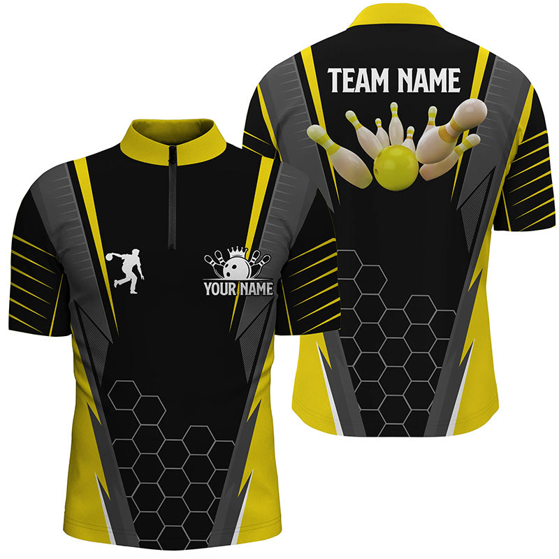 Black Men's Bowling Shirt Quarter-Zip Custom Name mens Bowlers Jersey, team bowling outfits | Yellow NQS6504