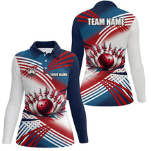 Load image into Gallery viewer, Red, white and blue Women bowling polo shirts Custom Team bowling ball and pins shirts for ladies NQS7234