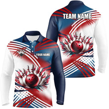 Load image into Gallery viewer, Red, white and blue Mens Bowling polo shirts Custom bowling ball and pins Team bowling shirts for men NQS7234