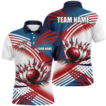 Load image into Gallery viewer, Red, white and blue Mens Bowling polo shirts Custom bowling ball and pins Team bowling shirts for men NQS7234