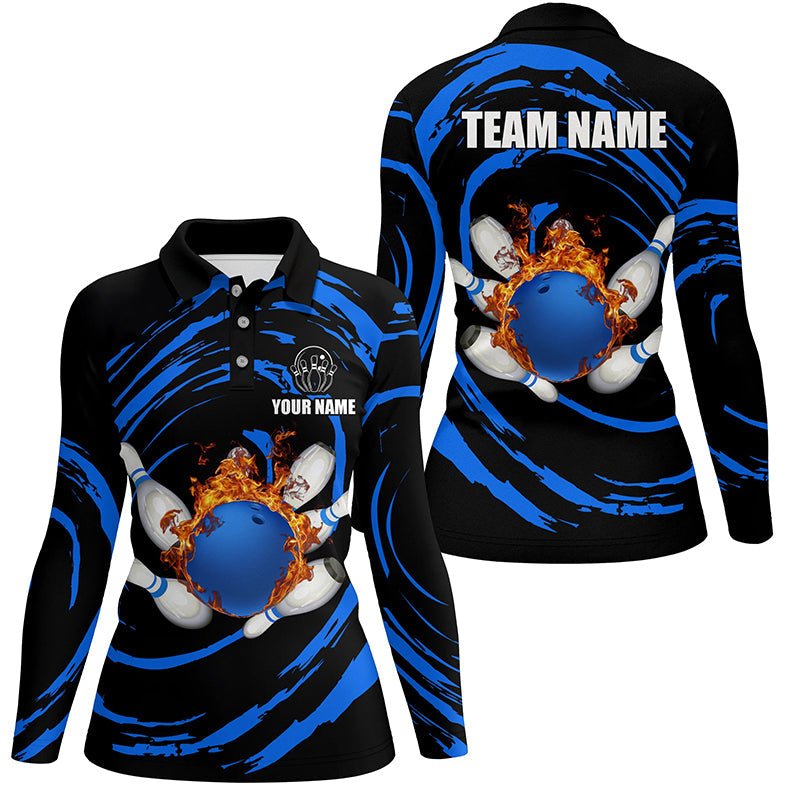Blue flame bowling ball and pins Women bowling polo shirts Custom Team female bowling outfit NQS7235