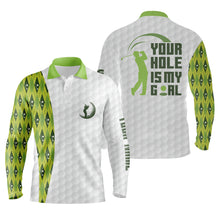 Load image into Gallery viewer, Funny Mens golf polos shirts custom your hole is my goal green argyle pattern white golf balls shirts NQS5118