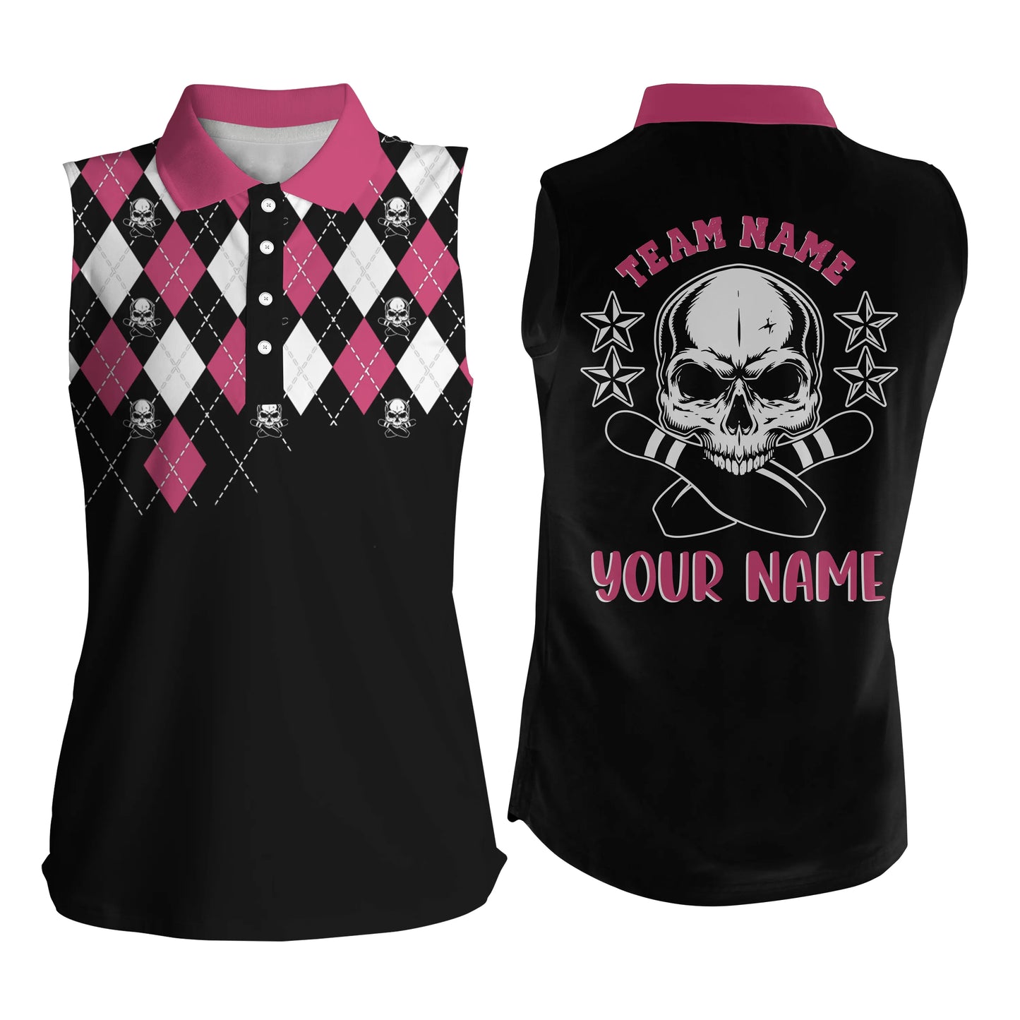 Custom Pink sleeveless bowling shirt for women – personalized team jersey front view