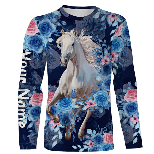 Beautiful white Arabian horse blue flower horse riding tops Custom Name 3D equestrian riding shirts NQS3148