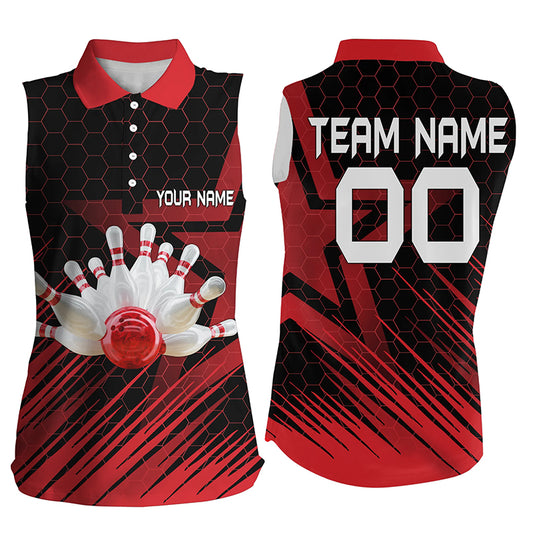 Custom Red sleeveless bowling shirt for women – personalized team jersey front view
