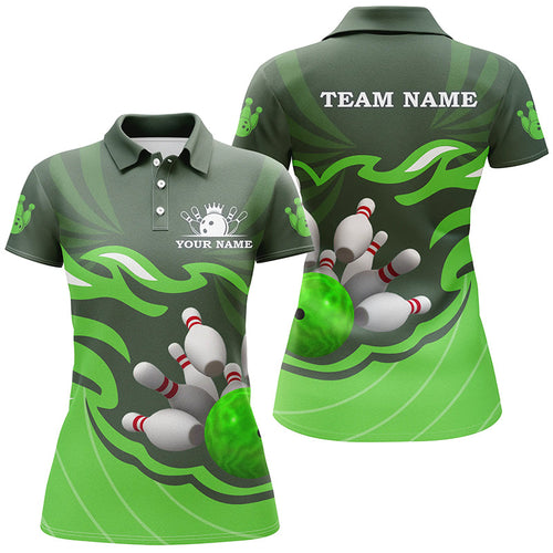 Women bowling polo shirt Custom bowling ball pins team league jersey, personalized bowling gift| Green NQS6300