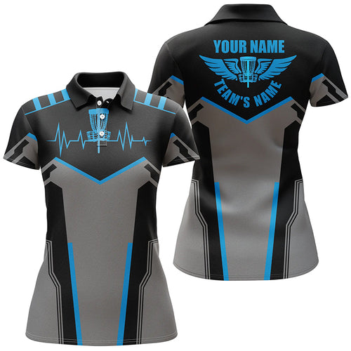 Black Women disc golf polo shirts custom disc golf heartbeat shirt for women, disco golf outfit | Blue NQS6303