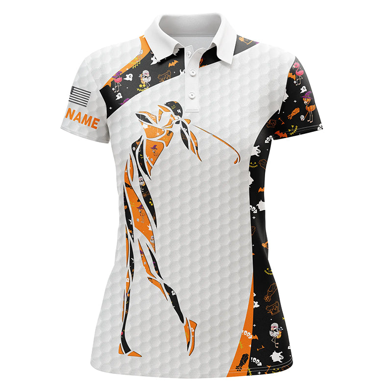 Personalized black Halloween pattern white Womens golf polo shirts custom name Halloween golf gift NQS6304