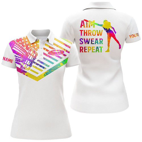 Womens disc golf polo shirt watercolor American flag custom name disc golfer Aim Throw Swear Repeat NQS4488