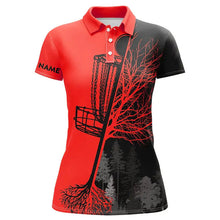 Load image into Gallery viewer, Womens disc golf polo shirts custom black and red disc golf basket, disc golf shirts NQS6985