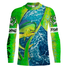 Load image into Gallery viewer, Mahi mahi Fishing green ocean camo sea wave Customize Name UV protection long sleeves fishing shirts UPF 30+ NQS2217