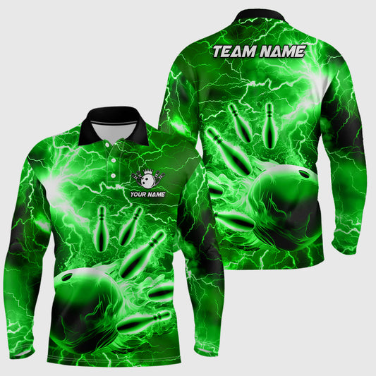 Mens polo bowling shirts Custom green lightning thunder Bowling Team Jersey, gift for team Bowlers NQS7143