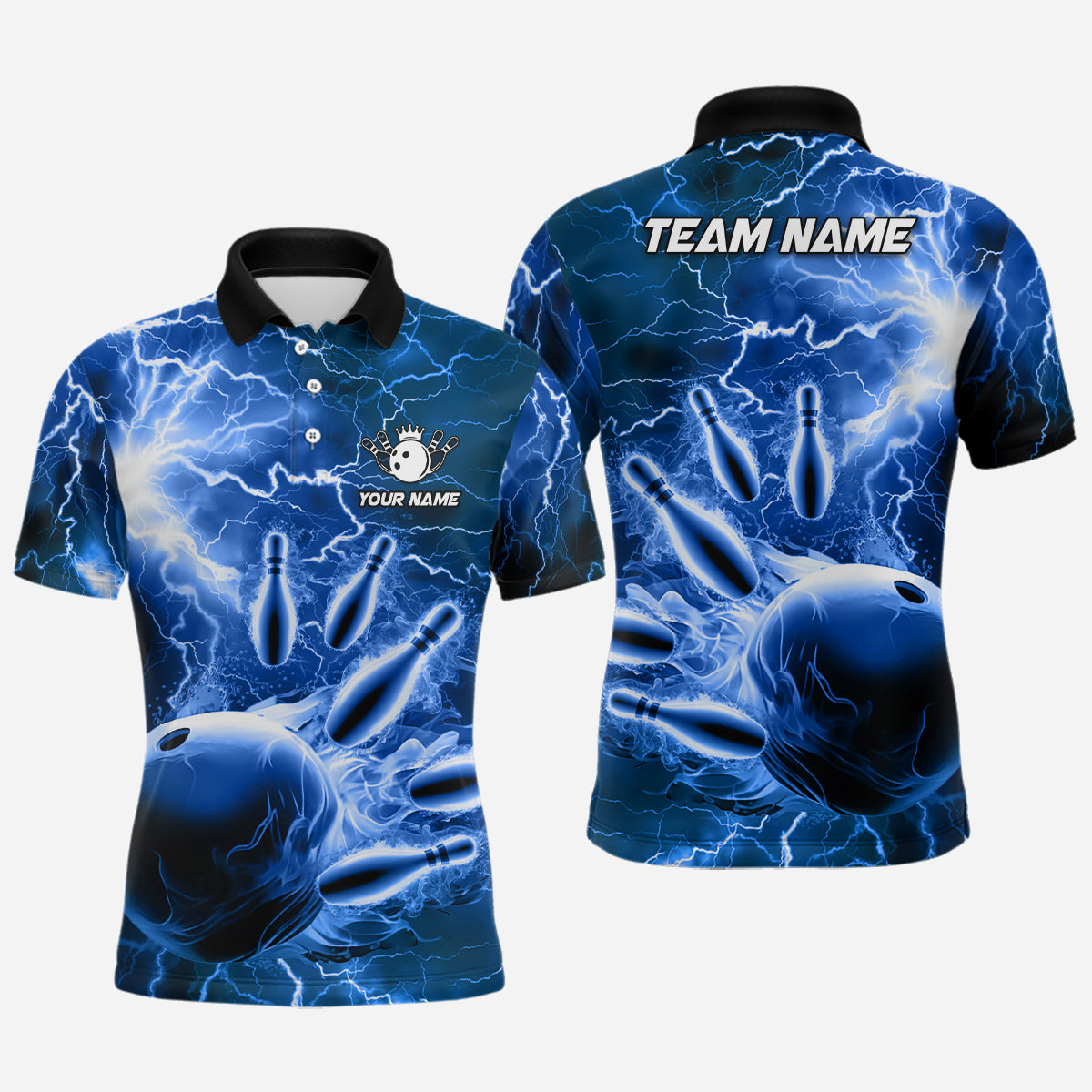 Mens polo bowling shirts Custom blue lightning thunder Bowling Team Jersey, gift for team Bowlers NQS6582