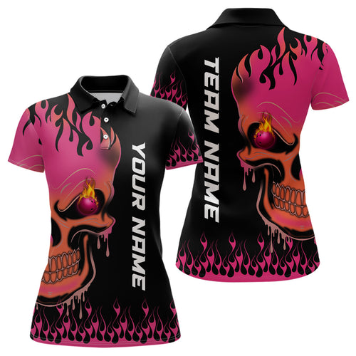 Pink Flame Bowling Skull custom Womens bowling polo shirt, Team League Jerseys Gift For Bowlers NQS6835