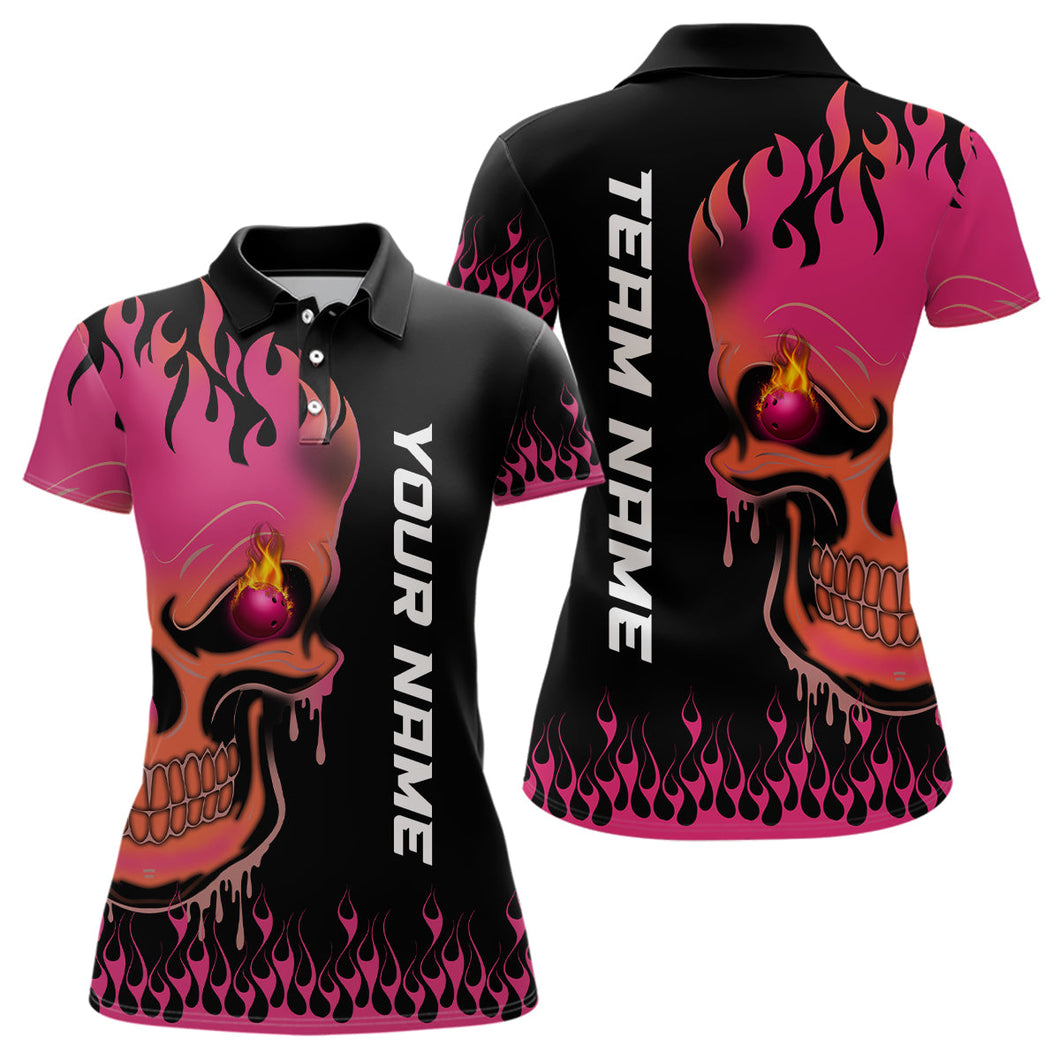 Pink Flame Bowling Skull custom Womens bowling polo shirt, Team League Jerseys Gift For Bowlers NQS6835