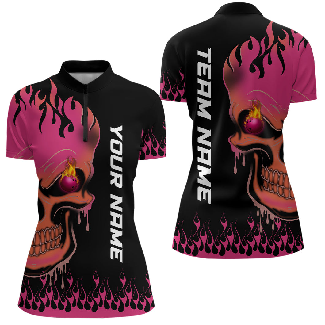Pink Flame Bowling Skull custom Women Quarter-Zip Shirt, Team League Jerseys Gift For Bowlers NQS6835