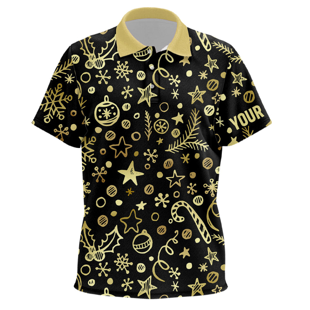 Kid golf polo shirts custom golden Christmas black pattern shirt for Kid, personalized golf gifts NQS6586
