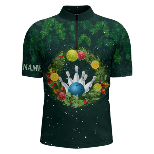 Green Christmas Wreath Men Bowling Quarter-Zip Shirt custom green pattern Christmas bowling tops NQS6856