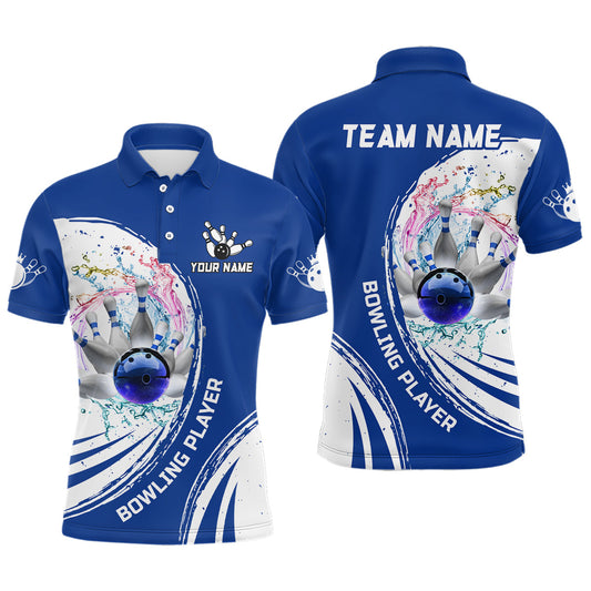Men Bowling Polo Shirt Custom water bowling ball pins Bowling Team Jersey, gift for Bowlers | Blue NQS7194